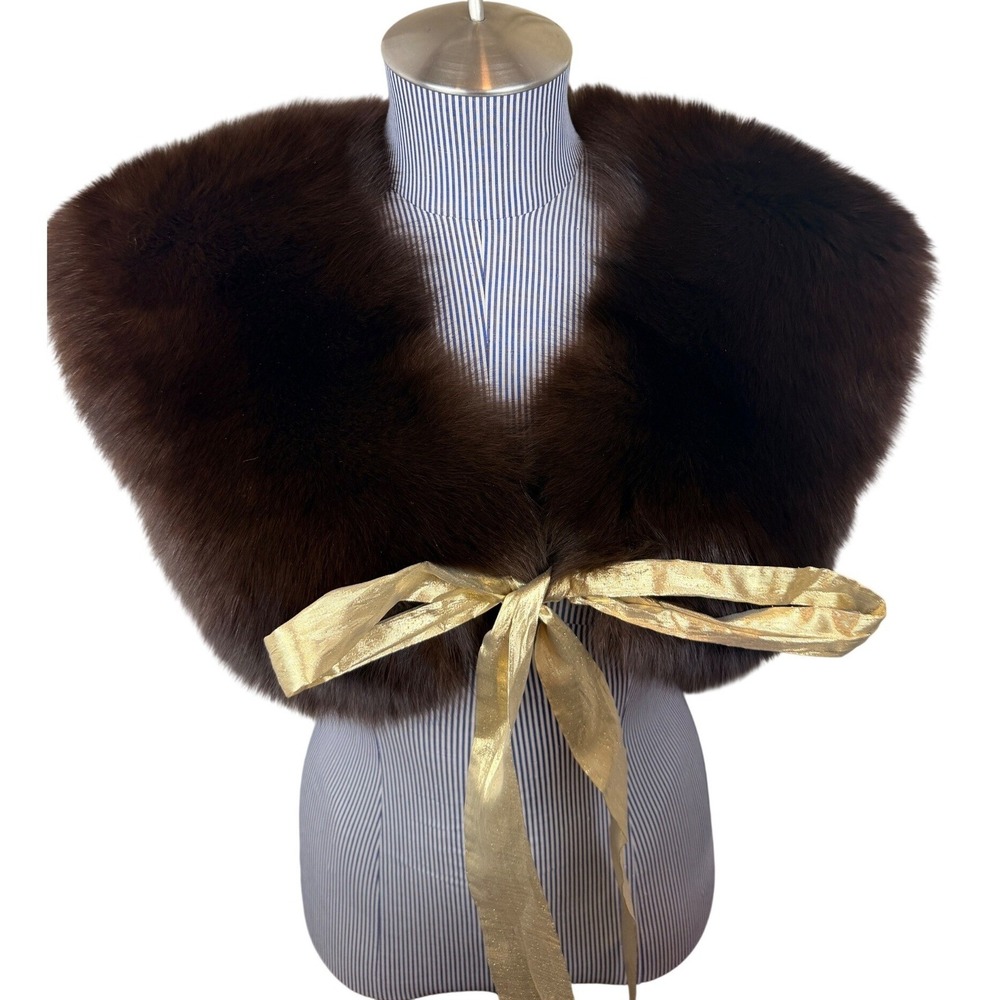 Vintage Brown Faux Fur Stole Wrap with Metallic Gold Ribbon Tie Wedding Gala